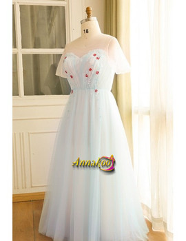 Buy 2021  Light Blue Long Modest Sheer Sleeves Tulle Plus Size Prom Dress Under 139
