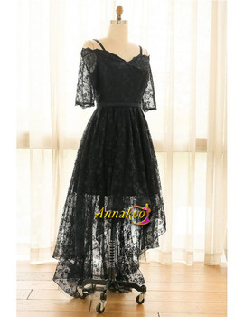 Black Lace Short Sleeves High Low Plus Size Prom Party Dress