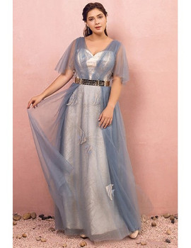 Shop 2021 Blue Beading Fish Pattern Tulle Puffy Sleeves V Neck Plus Size Prom Dress  Under 173