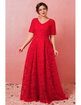 Shop 2021 Long Red Full Lace V Neck Short Sleeves Plus Size Prom Dress Under 148