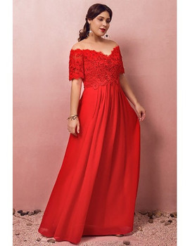 Chiffon Sequin Red Off The Shoulder Short Sleeves Plus Size Prom Dress