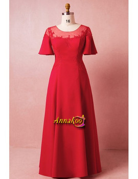 Shop 2021 Sheer Scoop Satin Red Puffy Sleeves Plus Size Prom Dress Under 139