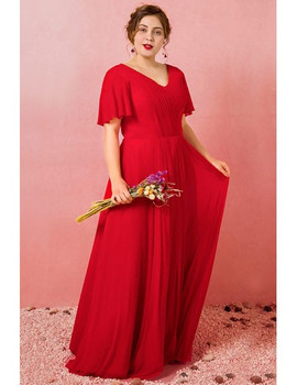 Shop 2021 Pleated Chiffon V Neck Flowy Puffy Sleeves A Line Plus Size Prom Dress Under 129