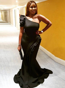 Buy Annakoo Black Mermaid Puffy Sleeve Satin One Shoulder Pleats Prom Dress Under 105