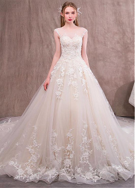 Tulle Jewel 3D Flowers A-line Wedding Dress With Lace Appliques