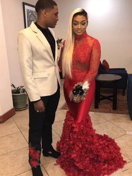 Buy 2021 High Neck 3D Floral Illusion Red Mermaid Satin Long Sleeve Prom Dress Under 235