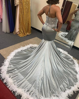 Shop 2021 Silver Feather Mermaid Halter Sequins Beading Prom Dress Under 229