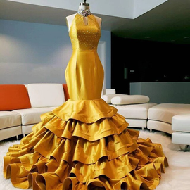 Buy Annakoo Halter Tiered Crystal Beads Yellow Mermaid Satin Prom Dress Under 245