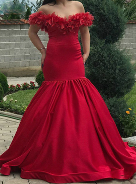 Shop 2021 Satin Off the Shoulder Burgundy Mermaid Feather Prom Dress Under 165