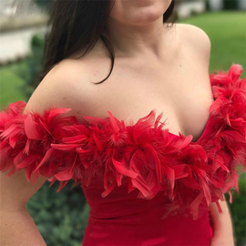 Satin Off the Shoulder Burgundy Mermaid Feather Prom Dress