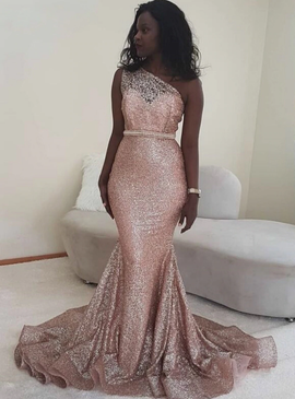 Shop 2021 Sequins One Shoulder Beading Pink Mermaid Prom Dress Under 165