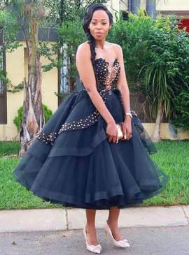 Buy Annakoo Sweetheart Beading Tea Length Black Ball Gown Tulle Prom Dress Under 152