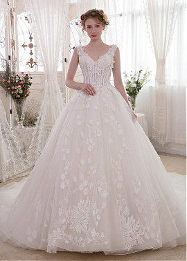 Tulle & Lace V-neck Long Train Ball Gown Wedding Dress 