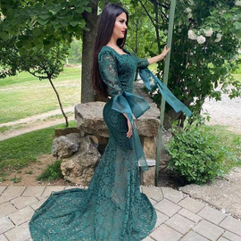 Buy Cheap 2021 Green V Neck Mermaid Lace Puff Long Sleeve Illusion Prom Dress Under 159