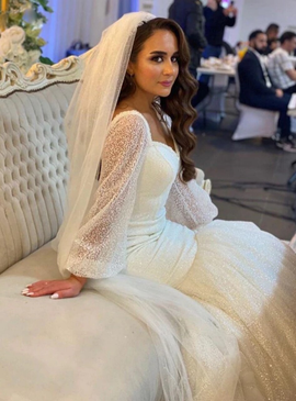 Mermaid Sequins Long Sleeve Sweetheart White Sparkle Wedding Dress