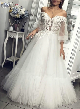 Buy Annakoo 2021 Long Sleeve Off the Shoulder White Tulle Appliques Wedding Dress Under 159