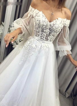 Buy Annakoo 2021 Long Sleeve Off the Shoulder White Tulle Appliques Wedding Dress Under 159