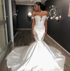 Off the Shoulder Appliques White Mermaid Satin Wedding Dress