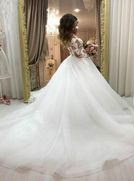 Shop 2021 Long Sleeve Appliques Illusion White Ball Gown Tulle Wedding Dress Under 198