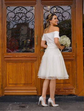 Short Sleeve Knee Length White Organza Off the Shoulder Wedding Dress