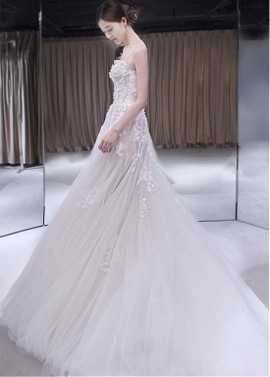 Tulle & Organza Spaghetti Straps Handmade Flower A-line Wedding Dress