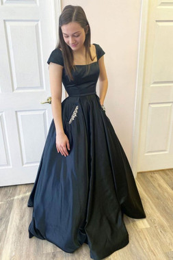 Buy 2021 Straps Square Neck A Line Dark Navy Satin Beading Pockets Prom Dress Under 129