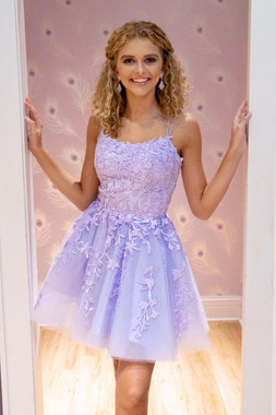 Buy 2021 ANNAKOO Lavender Purple Spaghetti Straps Criss Cross Back Tulle Homecoming Dress Under 125