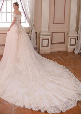 Long Tulle Off-the-shoulder Beaded A-line Wedding Dress