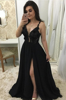 Shop 2021 ANNAKOO Spaghetti Straps Black Chiffon Appliques Prom Dress With Slit Under 138