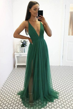 Shop 2021 Spaghetti Straps Green Tulle A Line Slit Prom Dress Under 95