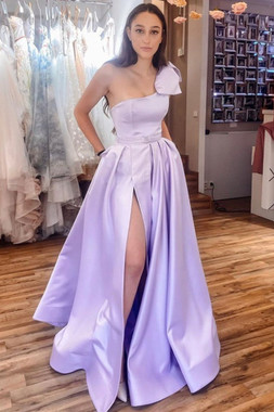 Shop 2021 Annakoo Lavender Lilac Satin One Shoulder Bow A Line  Belt Prom Dress With Bow Under 138