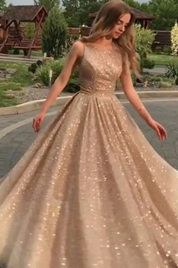 Shop Annakoo 2021 Scoop Sequin Gold Tulle A Line Long Prom Dress Under 148