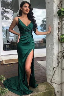Shop 2021 Sexy Dark Green Spaghetti Straps Sheath Column Satin Prom Dress With Slit Under 125