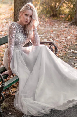 Shop 2021 ANNAKOO Silver Long Sleeve Scoop Beading Tulle Floor Length Prom Dress Under 199