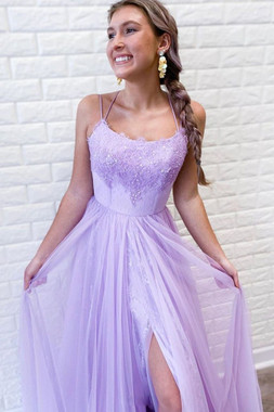 Shop 2021 ANNAKOO Double Spaghetti Straps Lavender Tulle Appliques Prom Dress With Slit Under 149