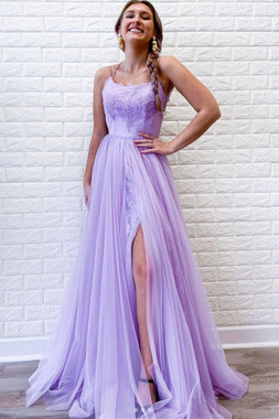 Shop 2021 ANNAKOO Double Spaghetti Straps Lavender Tulle Appliques Prom Dress With Slit Under 149