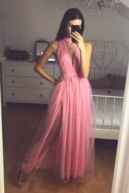 Shop 2021 Halter Pink Pleats Tulle A Line Long Sleeveless Prom Dress With Slit Under 99