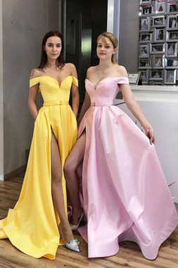 Buy 2021 ANNAKOO Off The Shoulder Yellow A Line Belt Long Prom Dress With Slit Under 129