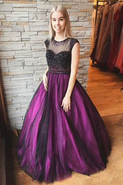 Shop 2021 Purple Tulle Scoop Beading A Line Black Top Prom Dress Under 198
 