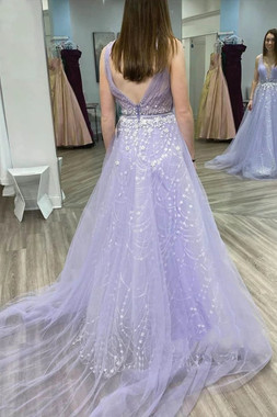 Shop 2021 ANNAKOO Lavender Purple Tulle V Neck Mesh Flower Beading Prom Dress Under 198