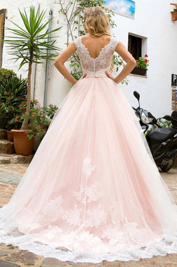Pink Cap Sleeve A Line Tulle Appliques Long Prom Dress