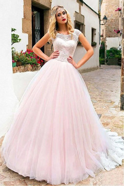 Shop 2021 ANNAKOO Pink Cap Sleeve A Line Tulle Appliques Long Prom Dress Under 189