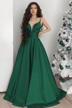 Shop 2021 ANNAKOO Spaghetti Straps Dark Green Satin Long Pleats Prom Dress Under 129