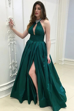 Shop ANNAKOO 2021 Dark Green Pleats Satin Beading Halter A Line Prom Dress With Slit Under 149