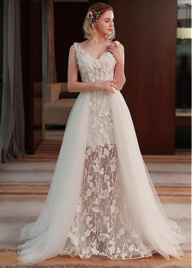 3D Flowers V-neck A-line See-through Wedding Dress 