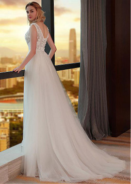 3D Flowers V-neck A-line See-through Wedding Dress 