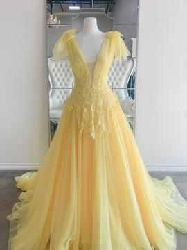 Shop 2021 ANNAKOO Daffodil Bows Tulle Appliques A Line Sweep Train Prom Dress Under 168