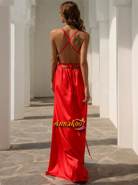 Sexy Red Backless  Satin Pleats Cross Criss Prom Dress With Slit