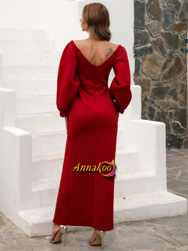 Off The Shoulder Burgundy Spandex Long Sleeve Ankle Length Prom Dress With Slit