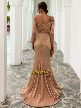 Rose Gold Off The Shoulder Sequin Long Sleeve Trumpet Mermaid Prom Formal Dress